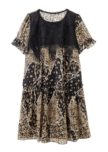 Elegant Black O Neck Lace Patchwork Print Chiffon Dress Summer