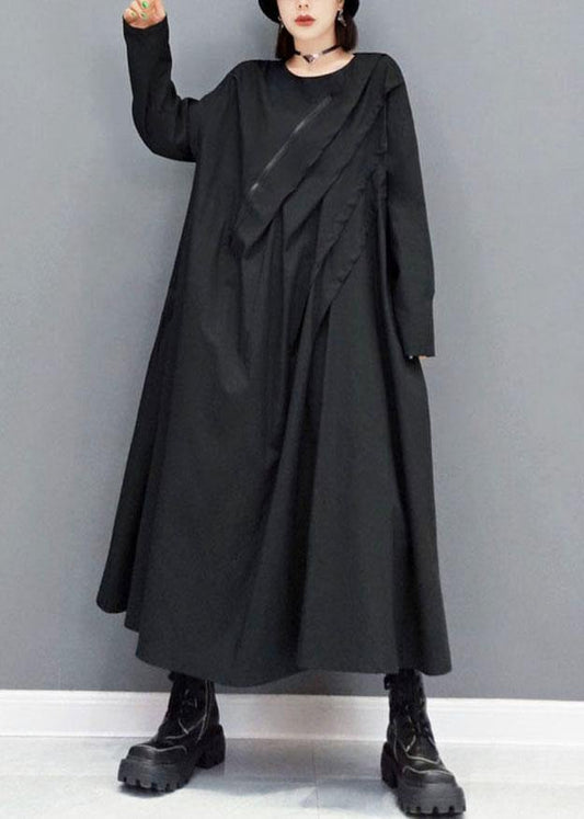 Elegant Black O-Neck Pockets Robe Dresses Fall Long Sleeve - SooLinen