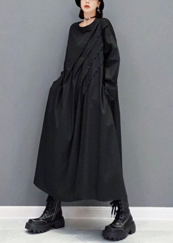 Elegant Black O-Neck Pockets Robe Dresses Fall Long Sleeve - SooLinen