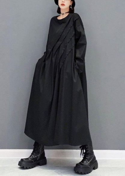 Elegant Black O-Neck Pockets Robe Dresses Fall Long Sleeve - SooLinen