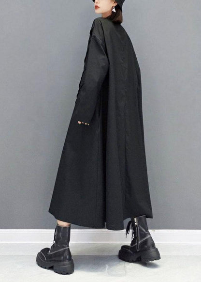 Elegant Black O-Neck Pockets Robe Dresses Fall Long Sleeve - SooLinen