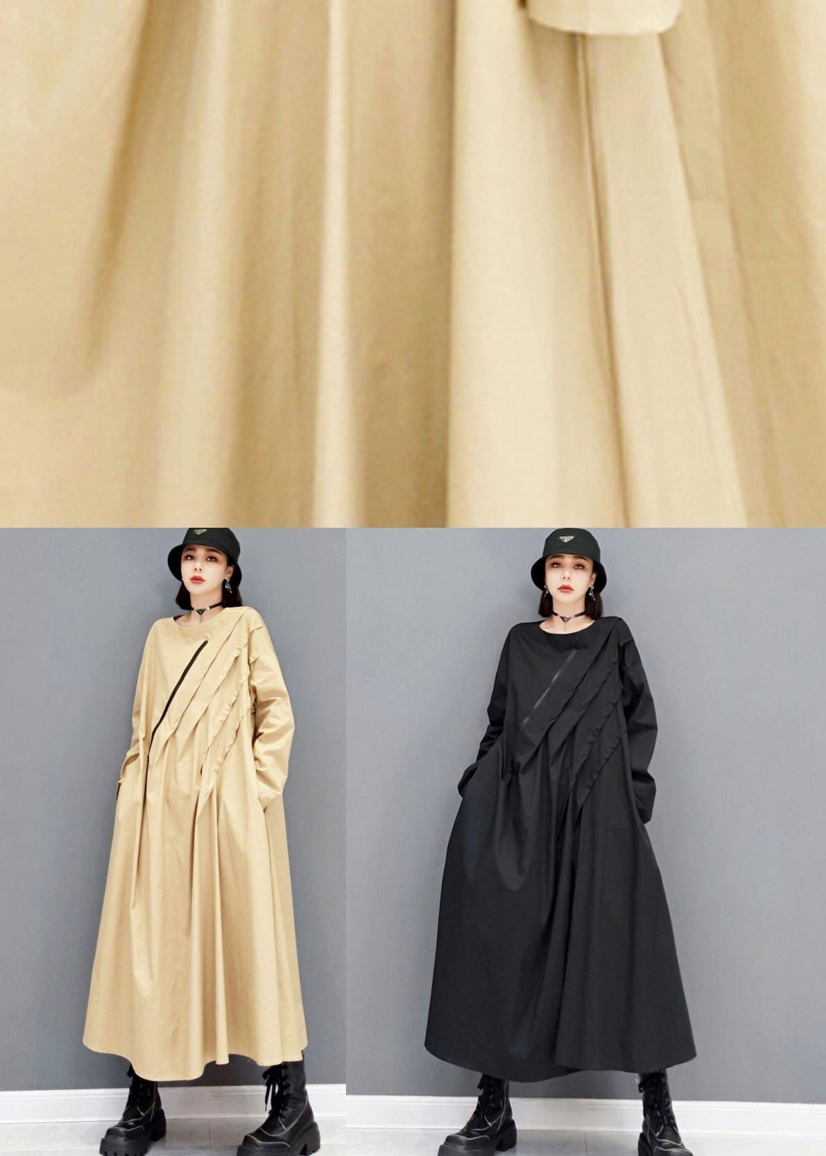 Elegant Black O-Neck Pockets Robe Dresses Fall Long Sleeve - SooLinen