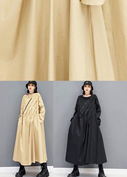 Elegant Black O-Neck Pockets Robe Dresses Fall Long Sleeve - SooLinen