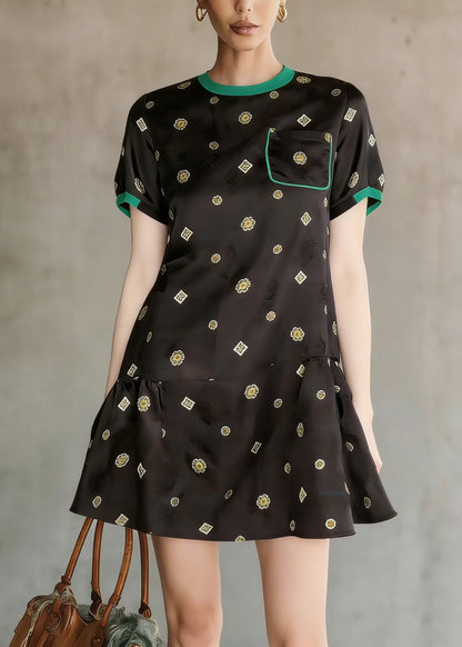 Elegant Black O Neck Print Wrinkled Silk Mid Dress Summer