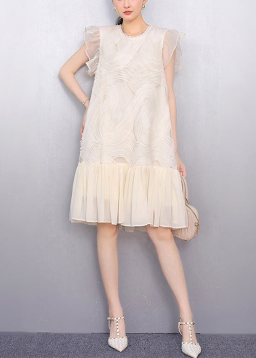 Elegant Black O Neck Wrinkled Tulle Patchwork Dress Summer