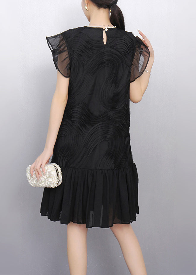 Elegant Black O Neck Wrinkled Tulle Patchwork Dress Summer