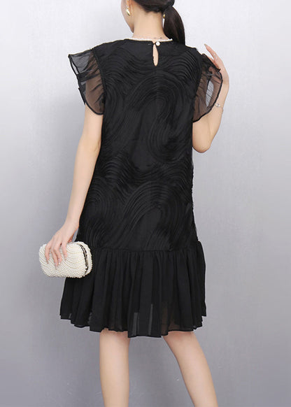 Elegant Black O Neck Wrinkled Tulle Patchwork Dress Summer