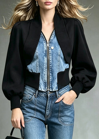 Elegant Black Patchwork Denim Fake Two-Piece Jacket Fall