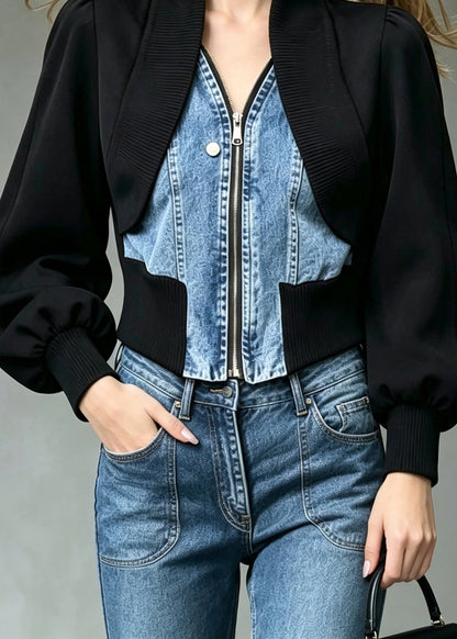 Elegant Black Patchwork Denim Fake Two-Piece Jacket Fall
