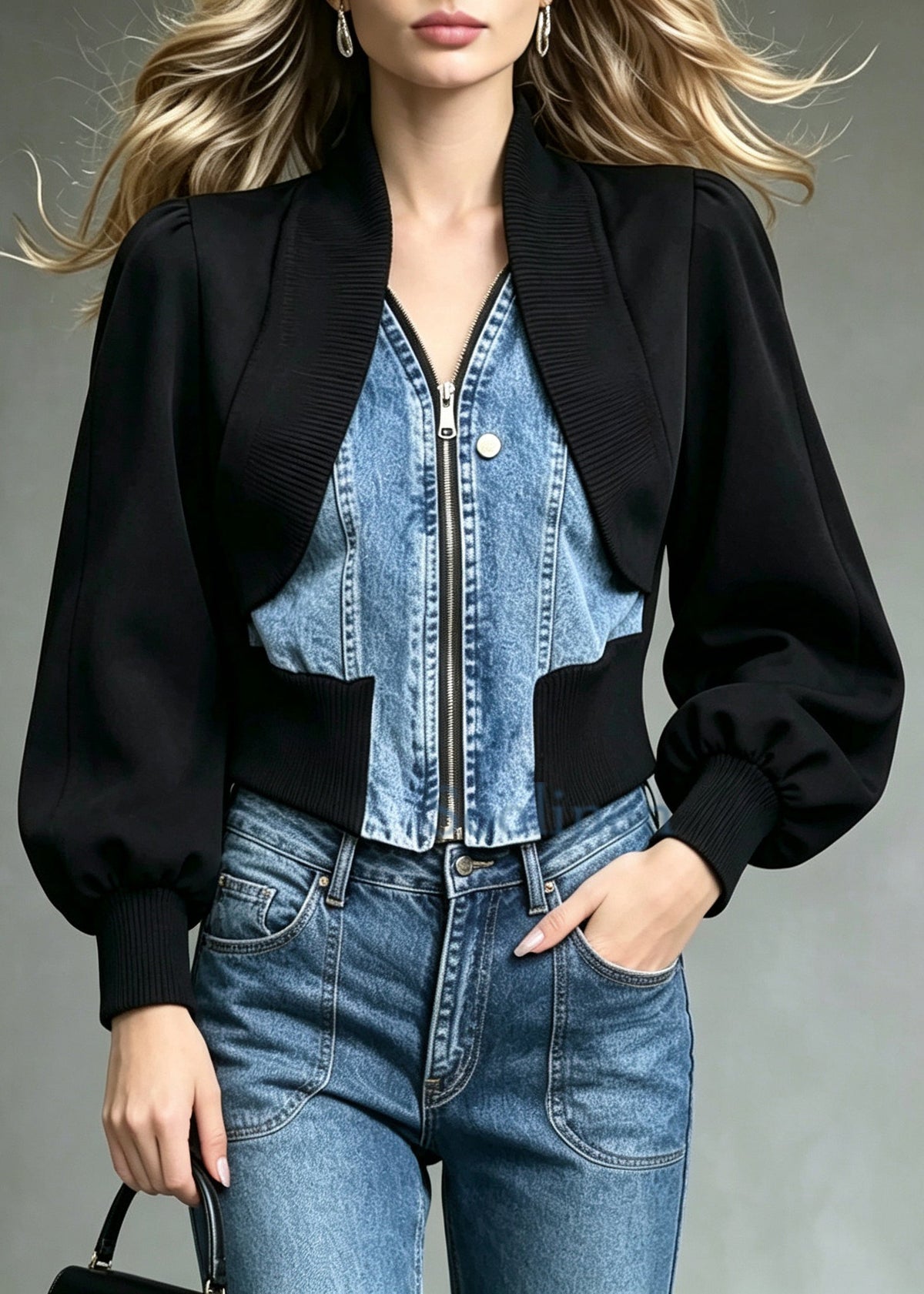 Elegant Black Patchwork Denim Fake Two-Piece Jacket Fall