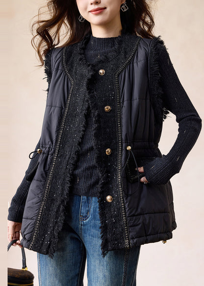 Elegante schwarze Patchwork-Westen aus feiner Baumwolle, gefüllt mit Baumwolle, Winter