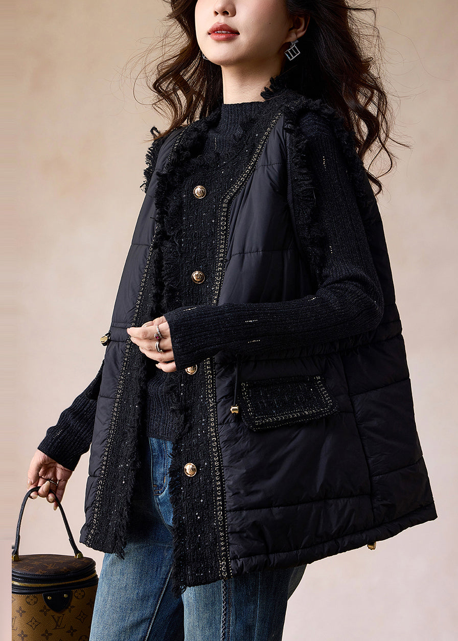 Elegante schwarze Patchwork-Westen aus feiner Baumwolle, gefüllt mit Baumwolle, Winter