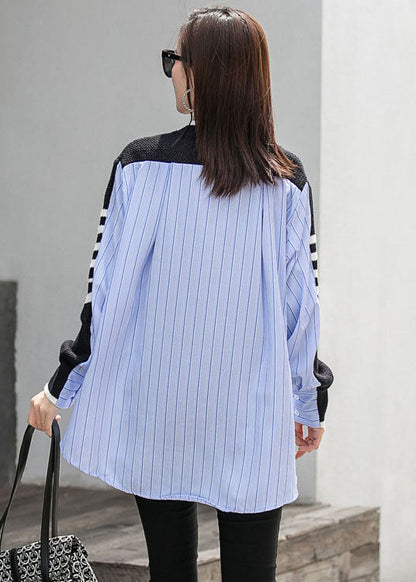 Elegantes schwarzes Patchwork-Langarm-Oberteil mit gestreiften Knöpfen und asymmetrischem Design