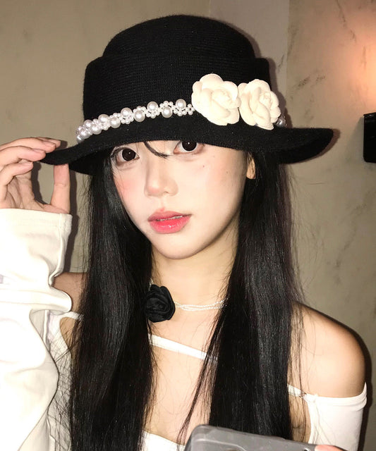 Elegant Black Pearl Floral Knit Cloche Hat