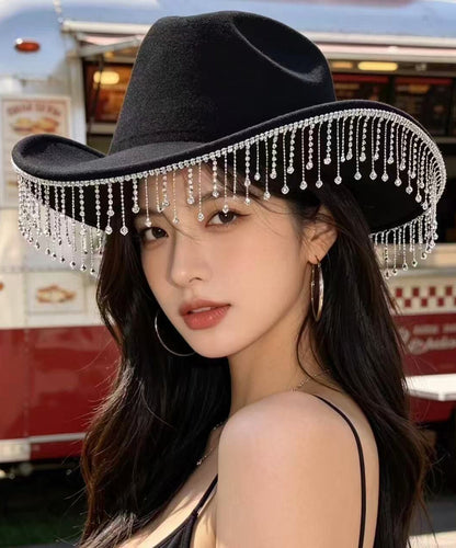 Elegant Black Pearl Tassel Western Cowboy Hat