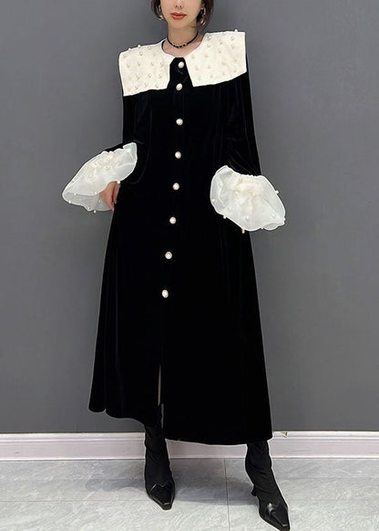 Elegante Schwarze Peter Pan Kragen Patchwork Nagel Perle Seide Velour Kleider Frühling