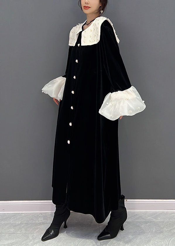 Elegante Schwarze Peter Pan Kragen Patchwork Nagel Perle Seide Velour Kleider Frühling