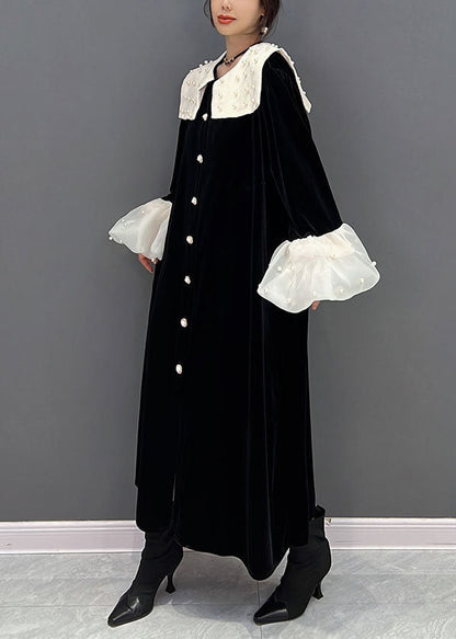 Elegante Schwarze Peter Pan Kragen Patchwork Nagel Perle Seide Velour Kleider Frühling