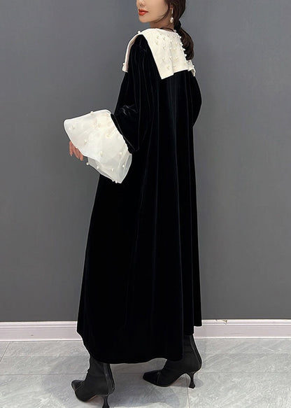 Elegante Schwarze Peter Pan Kragen Patchwork Nagel Perle Seide Velour Kleider Frühling