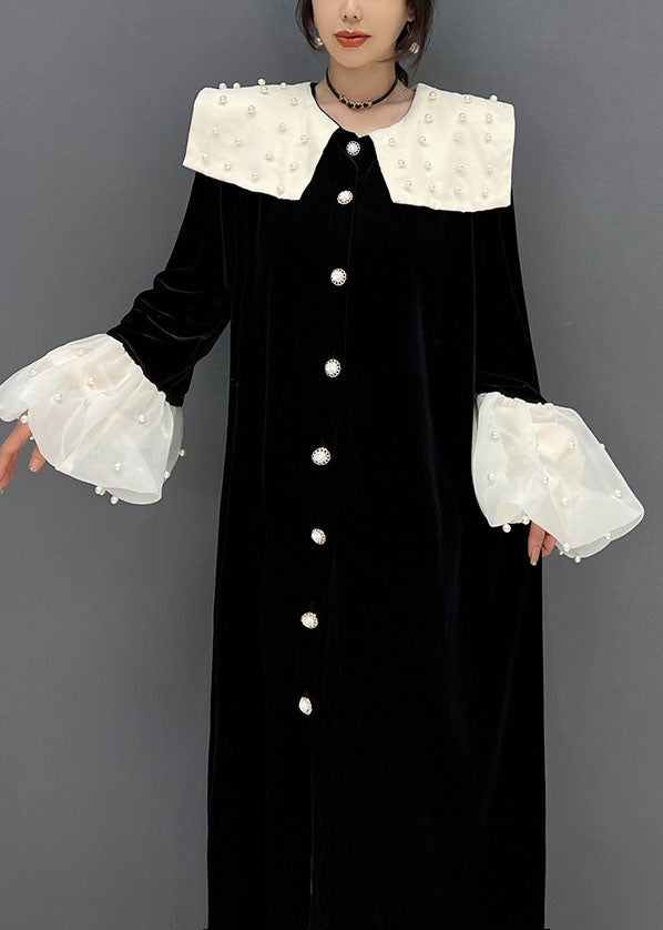 Elegante Schwarze Peter Pan Kragen Patchwork Nagel Perle Seide Velour Kleider Frühling