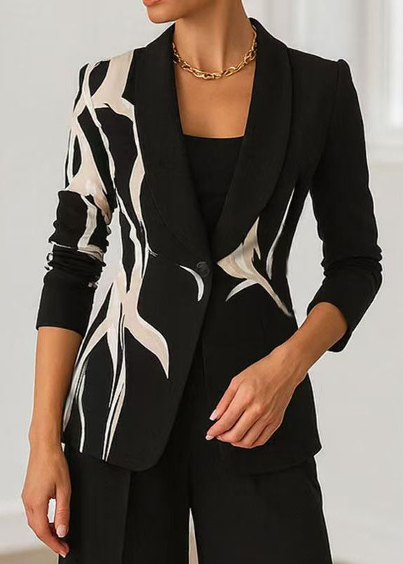 Elegant Black Peter Pan Collar Print Blazer Jackets Coat Fall