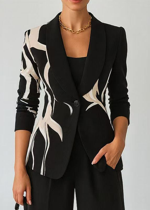Elegant Black Peter Pan Collar Print Blazer Jackets Coat Fall