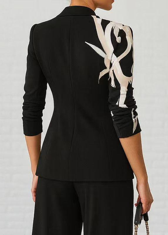 Elegant Black Peter Pan Collar Print Blazer Jackets Coat Fall