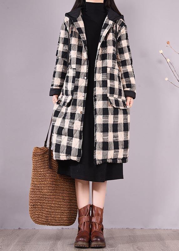 Elegant Black Plaid Parkas For Women Trendy Plus Size Coats Hooded Pockets Outwear - SooLinen