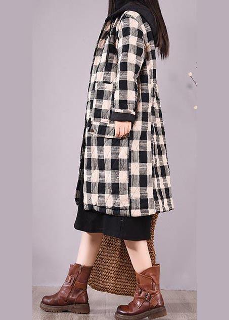Elegant Black Plaid Parkas For Women Trendy Plus Size Coats Hooded Pockets Outwear - SooLinen