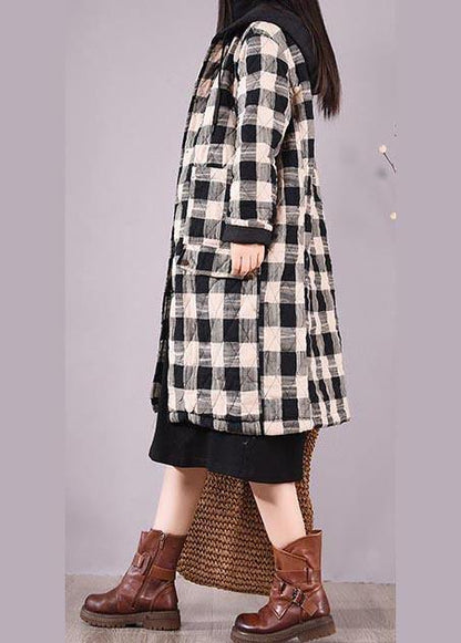 Elegant Black Plaid Parkas For Women Trendy Plus Size Coats Hooded Pockets Outwear - SooLinen