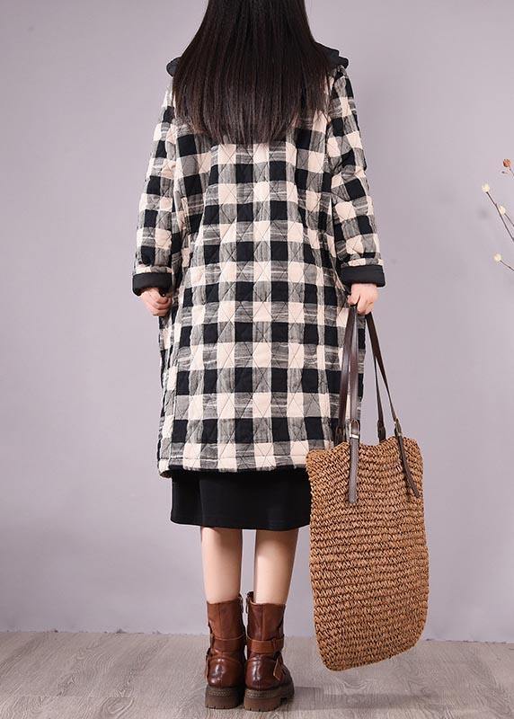 Elegant Black Plaid Parkas For Women Trendy Plus Size Coats Hooded Pockets Outwear - SooLinen