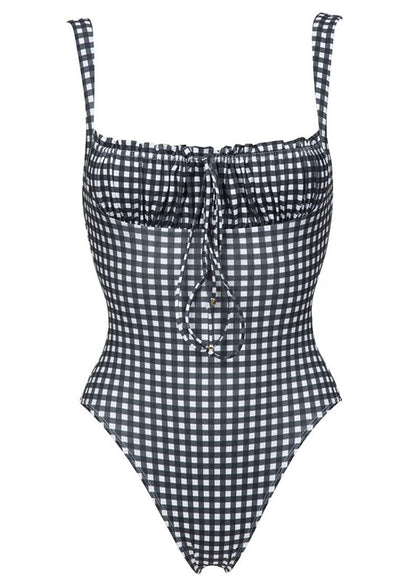 Elegant Black Plaid Square Collar Drawstring Bodysuit