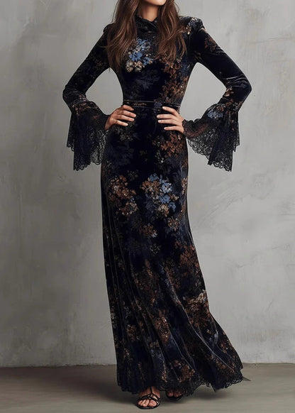 Elegant Black Print Lace Patchwork Velvet Maxi Dresses Fall