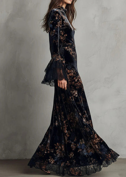 Elegant Black Print Lace Patchwork Velvet Maxi Dresses Fall