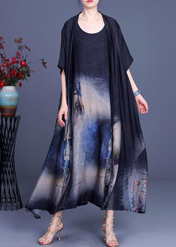 Elegant Black Print Silk Cardigans Braces Skirt Two Pieces Set - SooLinen