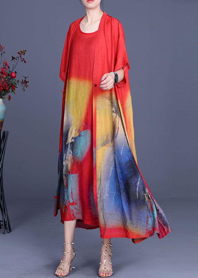 Elegant Black Print Silk Cardigans Braces Skirt Two Pieces Set - SooLinen