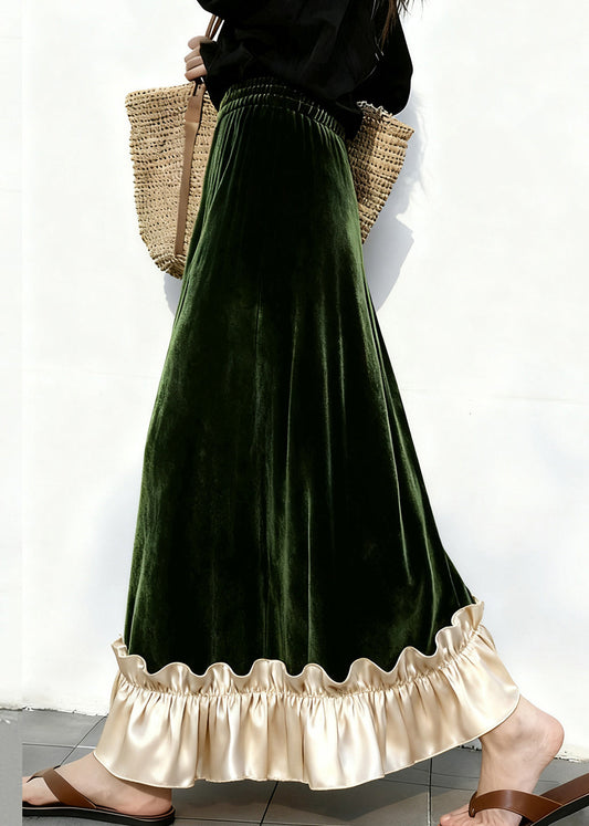 Falda elegante de terciopelo con volantes negros y cintura elástica de patchwork para invierno