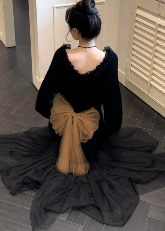 Elegant Black Ruffled Patchwork Bow Knit Sweater Tops Winter