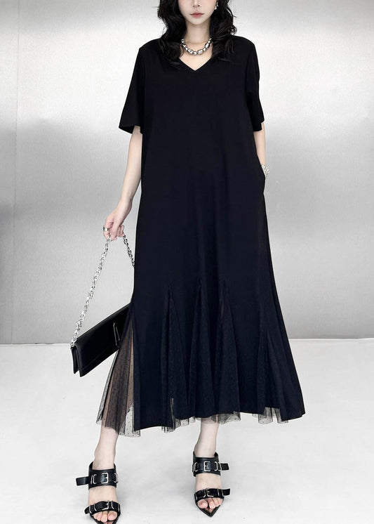 Elegant Black Side Open Patchwork Tulle Ankle Dress Summer