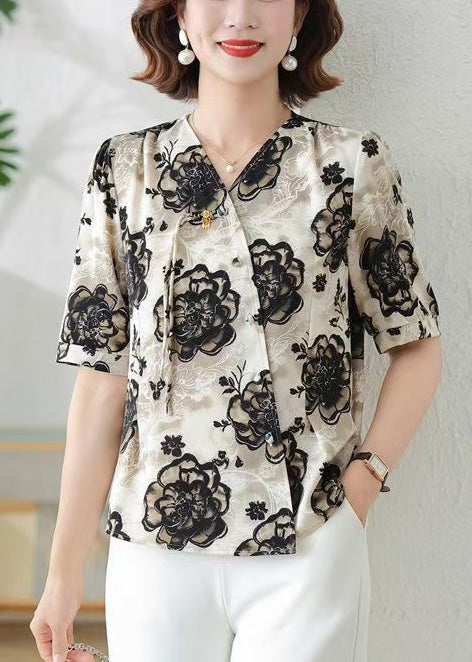 Elegant Black Tasseled Print Silk Shirts Summer