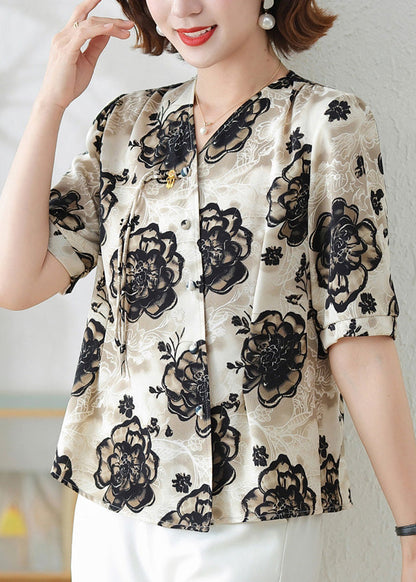 Elegant Black Tasseled Print Silk Shirts Summer