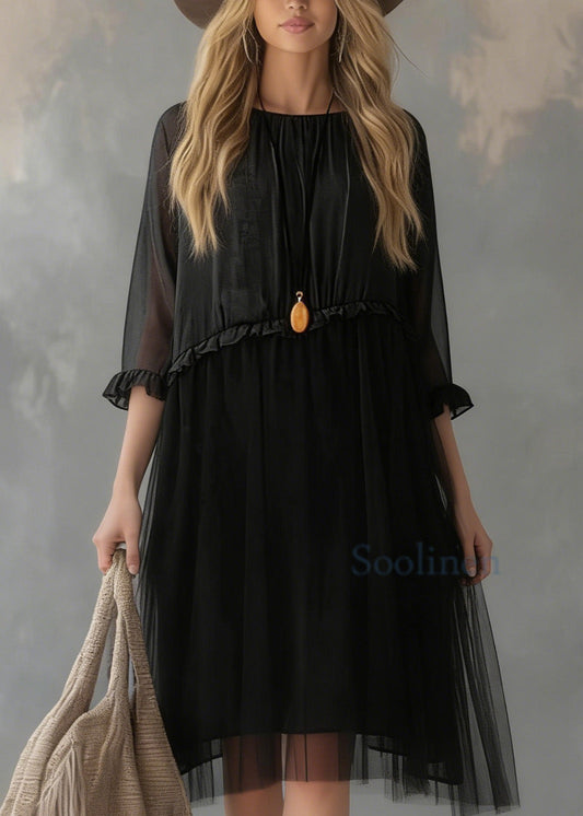 Elegant Black Tull Patchwork Chiffon Summer Dresses