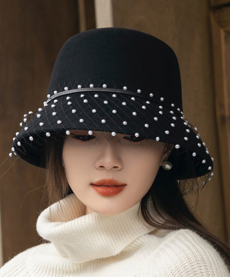 Elegant Black Tulle Nail Bead Woolen Bucket Hat