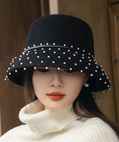 Elegant Black Tulle Nail Bead Woolen Bucket Hat