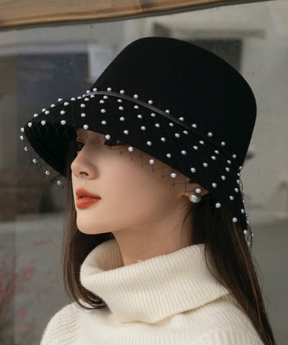 Elegant Black Tulle Nail Bead Woolen Bucket Hat