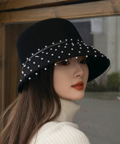 Elegant Black Tulle Nail Bead Woolen Bucket Hat