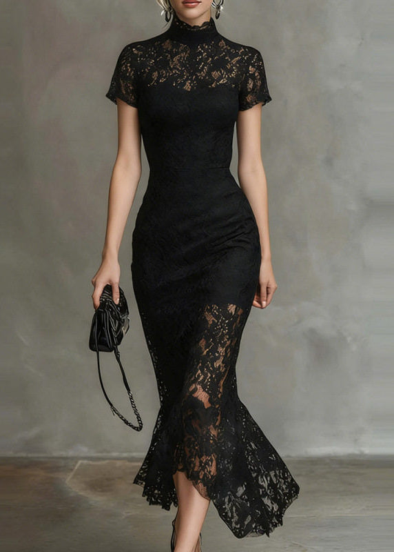Elegant Black Turtleneck Lace Long Dresses Short Sleeve