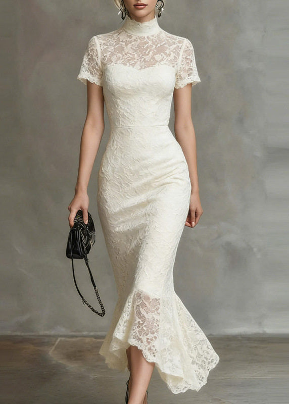 Elegant Black Turtleneck Lace Long Dresses Short Sleeve