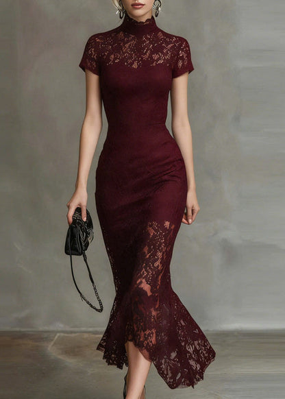 Elegant Black Turtleneck Lace Long Dresses Short Sleeve