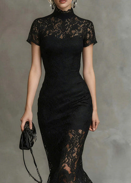 Elegant Black Turtleneck Lace Long Dresses Short Sleeve